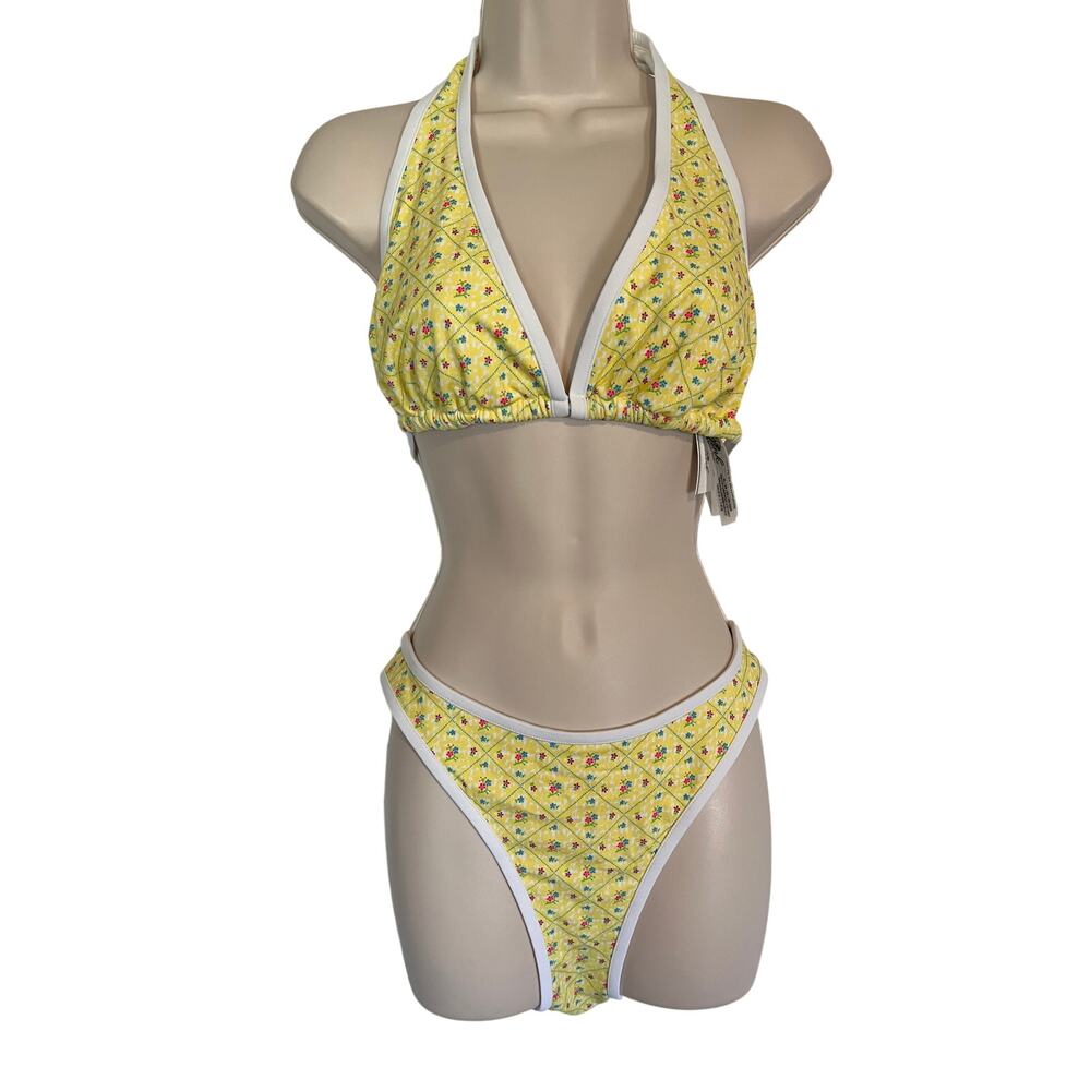 VS PINK Frankies Bikinis Swimwear Women's Size Large Yellow Floral Two Piece NWT